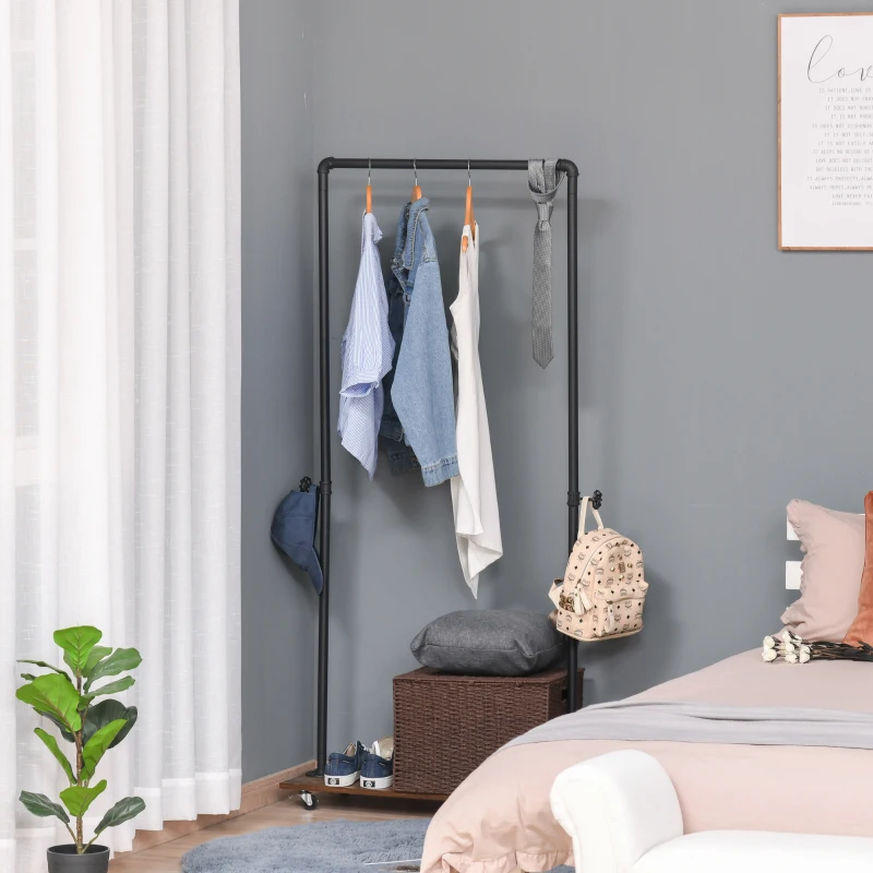 HOMCOM Industrial-Style Steel Clothes Rail w/ Hooks Shelf Wheels Compact Garment Storage Coat Dress Shirts Rustic Brown & Black