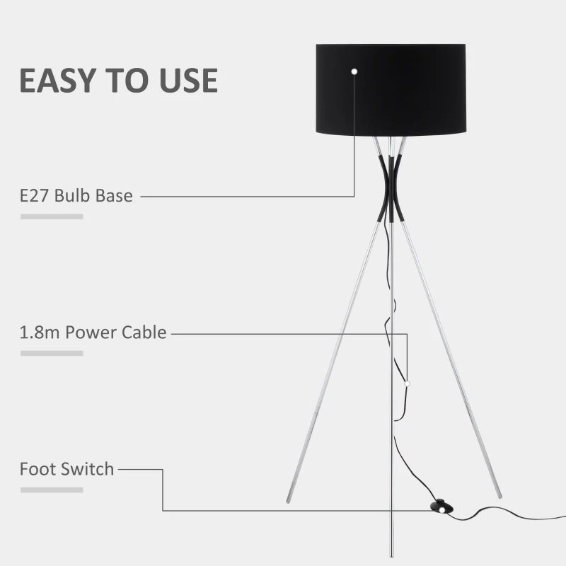 HOMCOM Modern Tripod Floor Lamp, Free Standing Light with Metal Frame, Fabric Lampshade and E27 Base for Living Room, Bedroom, Office, 146cm, Black