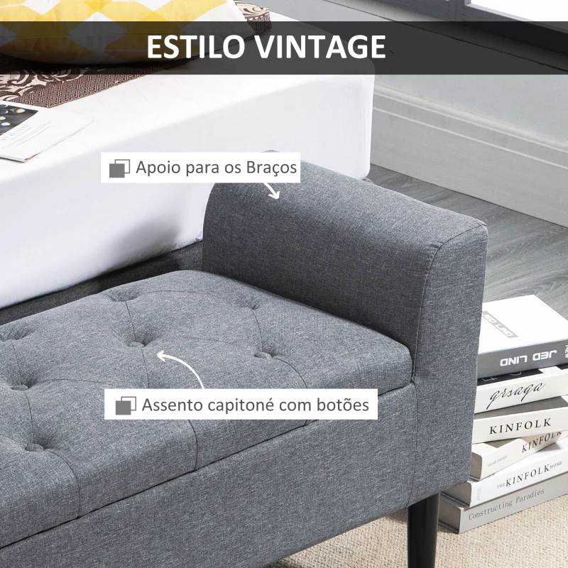 HOMCOM Banco para Pé de Cama Acolchoado com Espaço de Armazenamento Banco Multifuncional com Braços Tampa e Pés de Madeira para Dormitórios Sala de Estar 116x44x58 cm Cinza