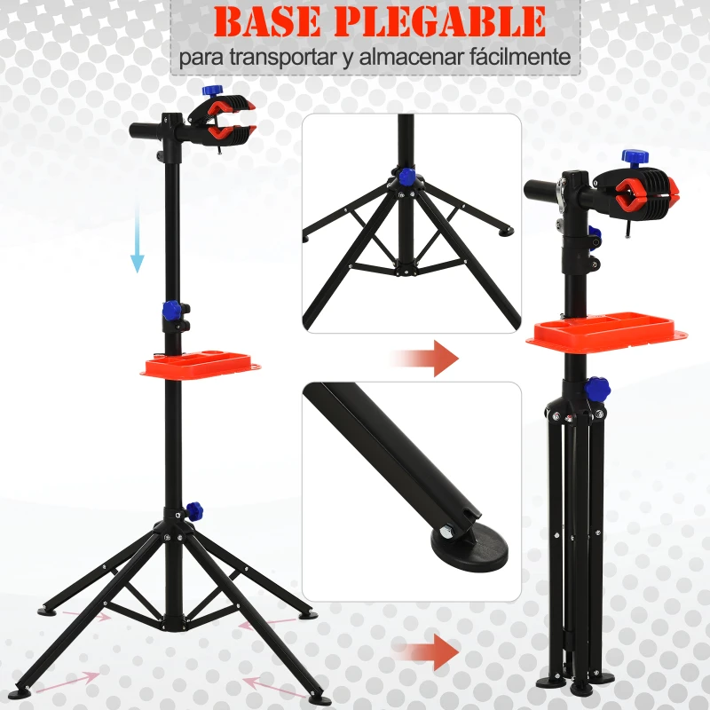 HOMCOM Soporte de reparación Portátil Caballete de Bicicleta para Hogar Altura Ajustable 110-180 cm con 4 Patas Bandeja de Herramientas Hasta 25 kg 84x84x180 Negro