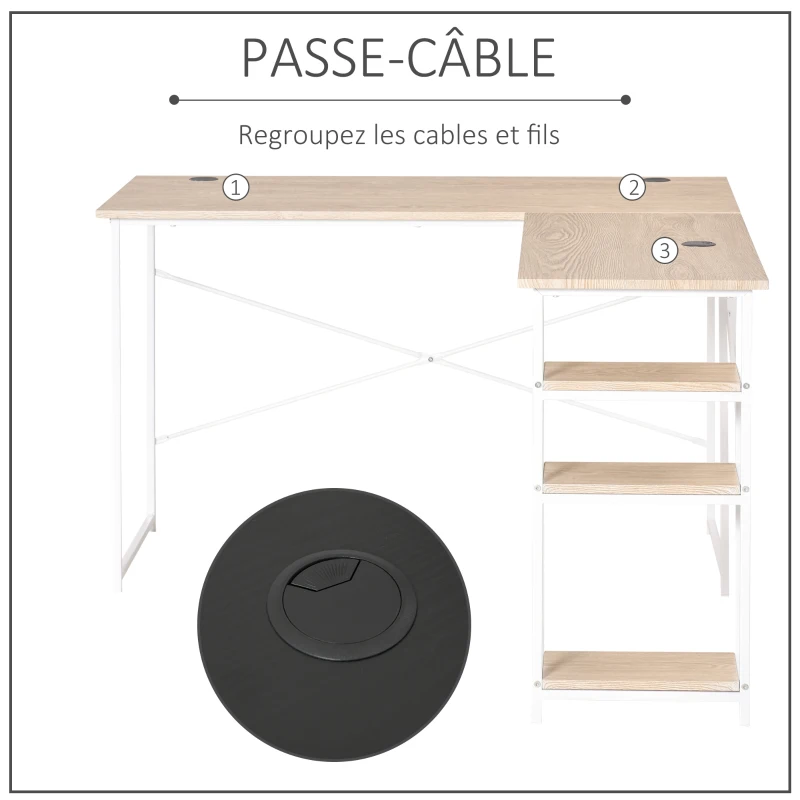 HOMCOM L-Shaped Desk Corner Computer Desk with Storage Shelf, Cord Holes, Natural Wood Color