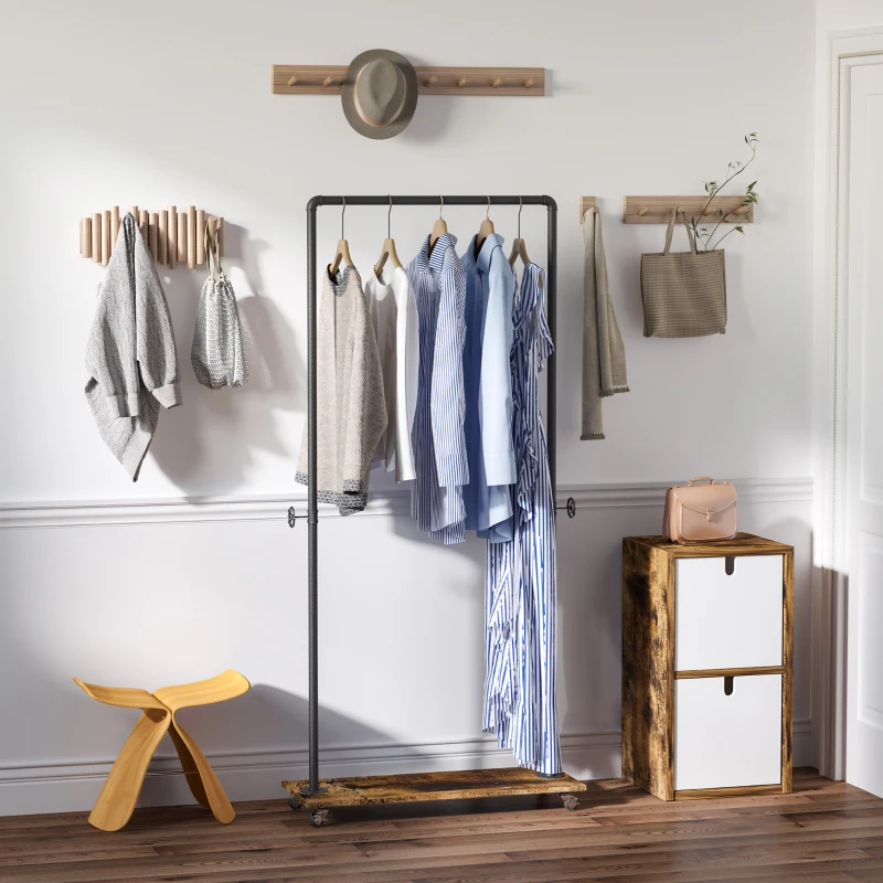 HOMCOM Industrial-Style Steel Clothes Rail w/ Hooks Shelf Wheels Compact Garment Storage Coat Dress Shirts Rustic Brown & Black