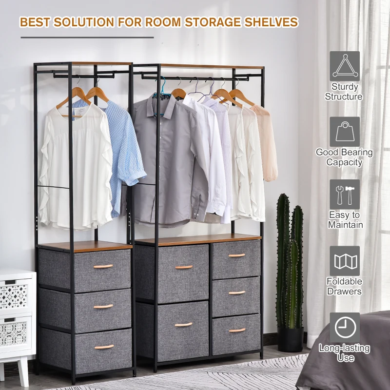 HOMCOM Coat Rack with 3 Drawers Storage Rack with Steel Frame for Bedroom Hallway Home Furniture Grey