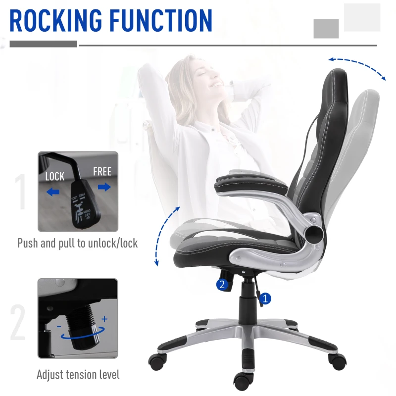HOMCOM Racing Office Chair PU Leather Computer Desk Chair Gaming Style with Wheels, Flip-Up Armrest, Grey