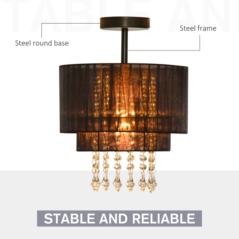 HOMCOM Vintage Metal Ceiling Light Chandelier with 2 Drum Shape Lampshade, Decorative Acrylic Crystal Pendants, for Living Room, Dining Room, Bedroom, Office, Black