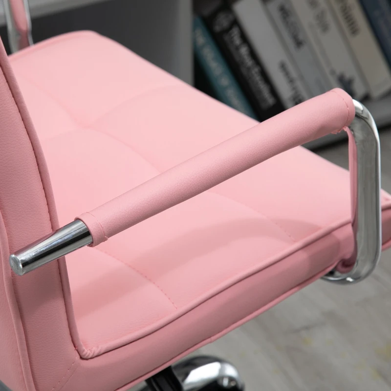 Vinsetto Makeup Vanity Chair, PU Leather Mid Back Office Chair with Adjustable Height, Armrest and Rolling Wheels, Pink