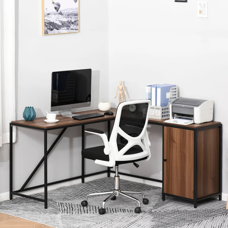 HOMCOM L-Shaped Computer Corner Desk with Cabinet, Adjustable Shelf, PC Table Workstation for Home Office, Space-Saving, Industrial Style, Walnut and Black