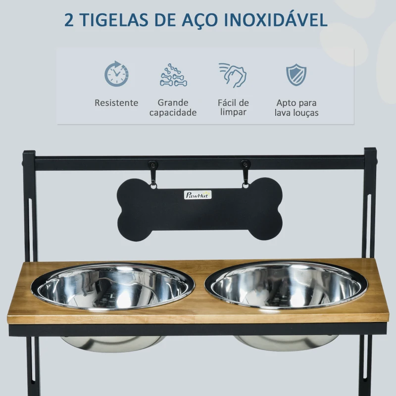PawHut Comedouro para Cães Elevado com Altura Ajustável com 2 Tigelas de Aço Inoxidável Alimentador de Água e Comida para Animais de Estimação 58x32x50cm Preto e Carvalho