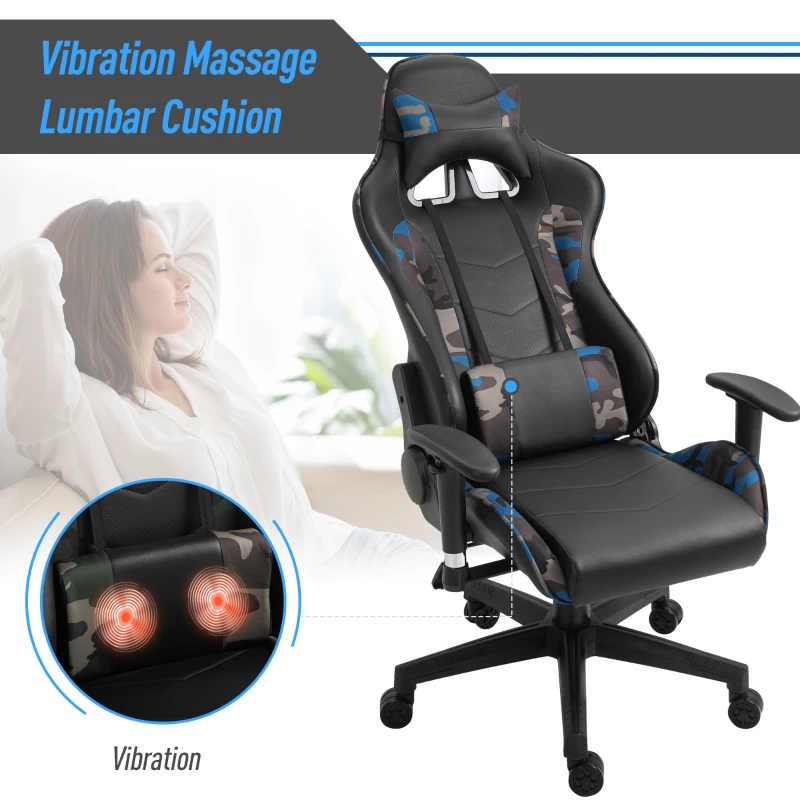 Vinsetto Gaming Office Chair w/ Massage Lumbar Support, Camouflage Panels, 5 Wheels, Adjustable Arms Height, High Back Racing Gamer Recliner, Blue