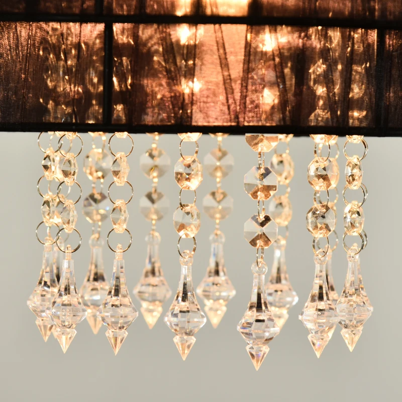 HOMCOM Vintage Metal Ceiling Light Chandelier with 2 Drum Shape Lampshade, Decorative Acrylic Crystal Pendants, for Living Room, Dining Room, Bedroom, Office, Black
