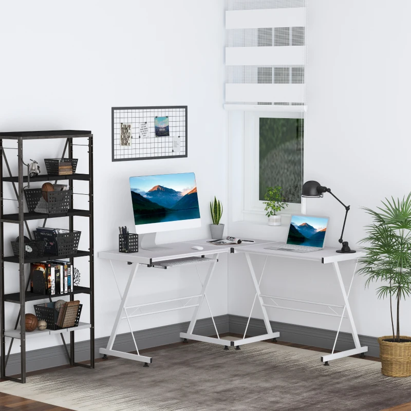 HOMCOM Office Gaming Desk L Shape Straight Corner Table Computer Work Station Laminated Sturdy w/ Keyboard Tray White