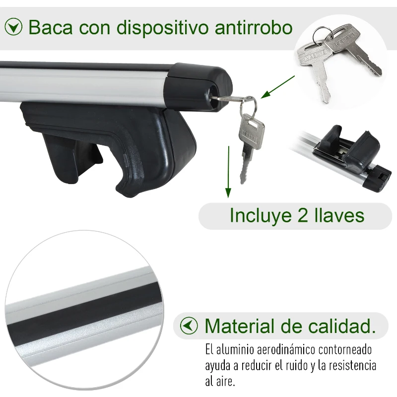 HOMCOM Juego de Barras para Techo Aluminio Universal Baca Portaequipajes Coche con Cierre 135cm
