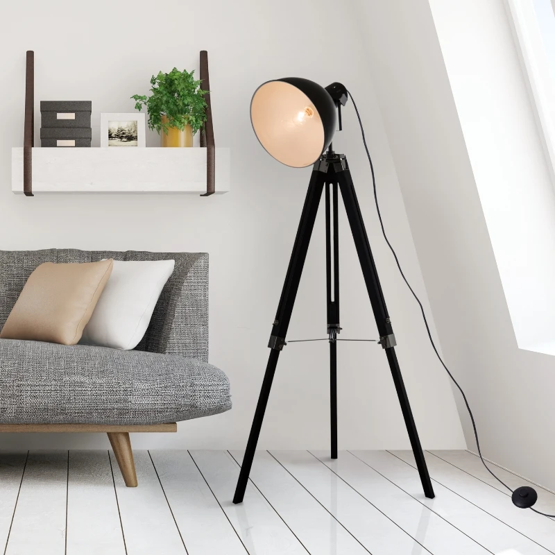HOMCOM Tripod Floor Lamp, Spotlight Reading Lamp w/ Adjustable Height, Angle, Wood Legs for Living Room, Bedroom, Home, Office, Black and White