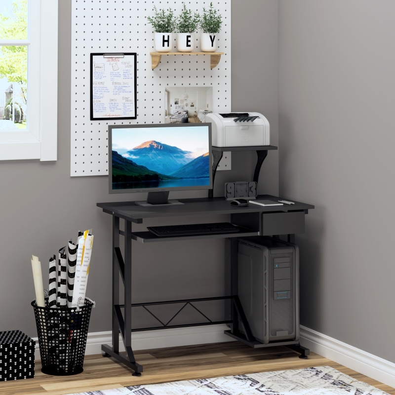 Homcom Compact Computer Desk Home Office Workstation W Sliding Keyboard Tray Drawer And Host Box Shelf Black Aosom Uk Homcom Compact Computer Desk Home, Small Black Computer Desk With Shelf For Printer
