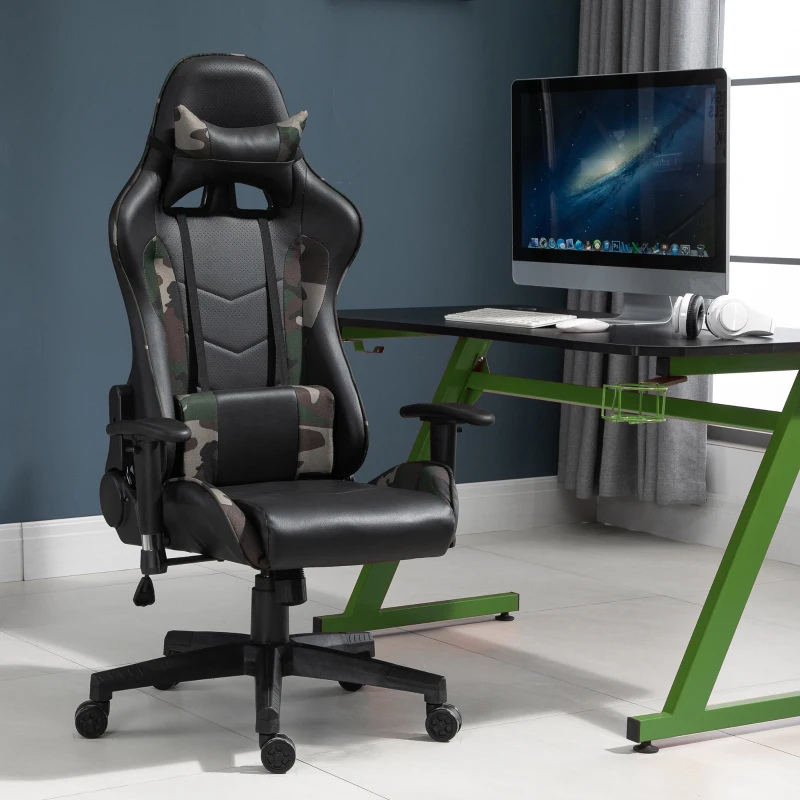 Vinsetto Gaming Office Chair w/ Massage Lumbar Support, Camouflage Panels, 5 Wheels, Adjustable Arms Height, High Back Racing Gamer Recliner, Green