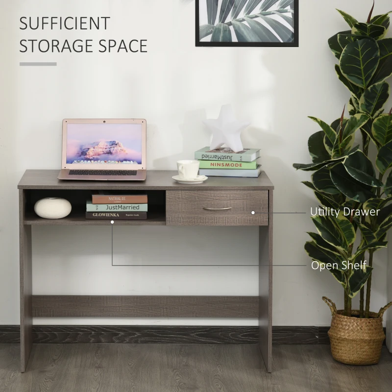 HOMCOM Compact Computer Desk, Study Table with Drawer and Storage Compartment, Writing Workstation, Grey