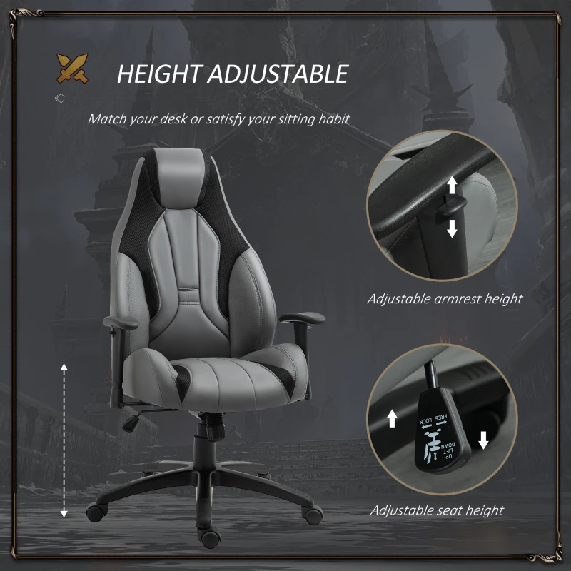 Vinsetto Racing Gaming Chair, Mesh & Faux Leather Computer Chair with High Back, Swivel Wheels, Adjustable Height and Armrest, Charcoal Grey