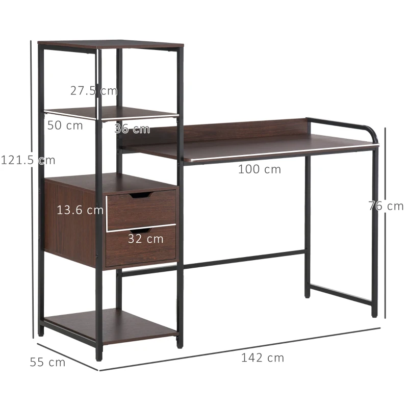 HOMCOM Computer Desk Writing Table Workstation for Home Office with Shelves, Drawers, Walnut Brown