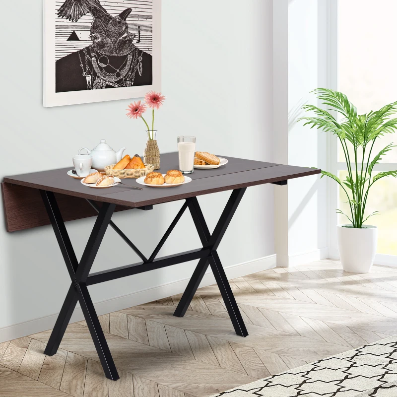 HOMCOM Dining Table Drop Leaf Metal Frame MDF Top Folding Expandable 6 Person Brown