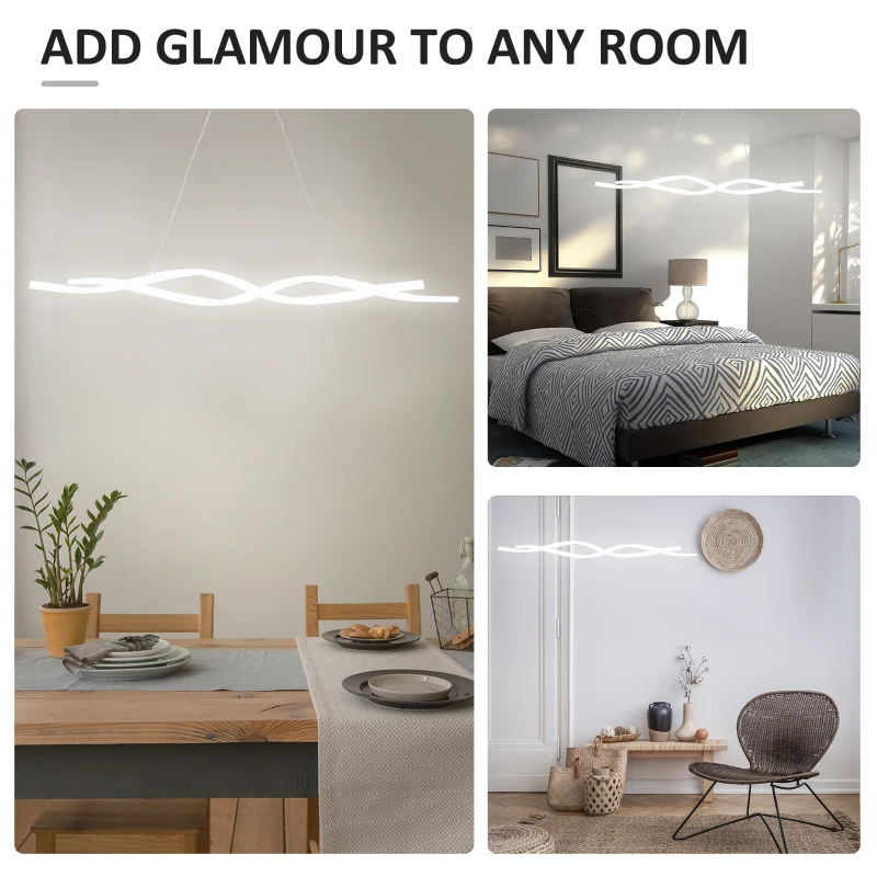 HOMCOM Modern Wave-Shape LED Pendant Light with Adjustable Hanging Chain, Metal Chandelier for Living Room, Bedroom, Dining Room, Office, Cool White 6500K, Silver