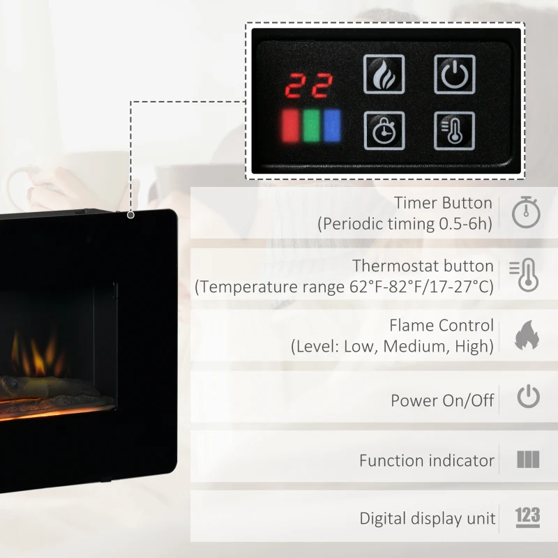 HOMCOM Electric Wall-Mounted Fireplace Heater with Adjustable Flame Effect, Remote Control, Timer, 1800/2000W, Black
