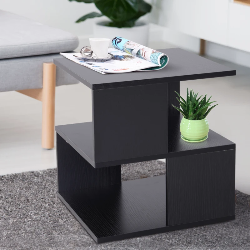 HOMCOM Side Table Square Coffee Table Modern End Table with 2 Tier Storage Shelves for Living Room, Bedroom, Black