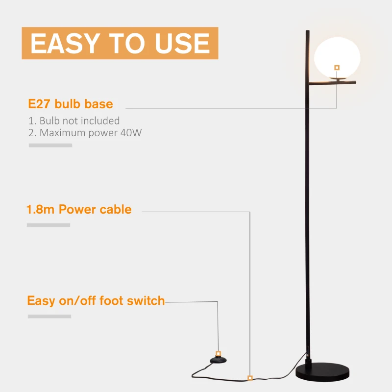 HOMCOM Modern Floor Lamp Metal Frame Sphere Light w/ Pedal Switch, Standing Lamp for Home Office Living Room, 159cm, Black