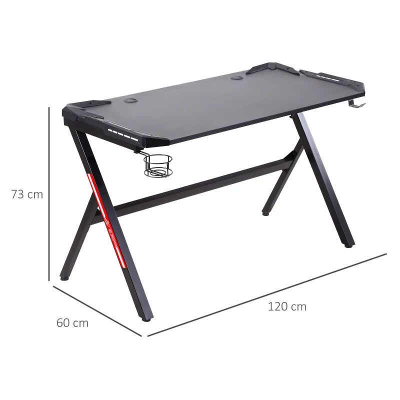 HOMCOM 1.2m LED Gaming Desk Racing Style Computer Table w/ Lights Cup Holder Headphone Hook Cable Management E-Sport Study Workstation – Black