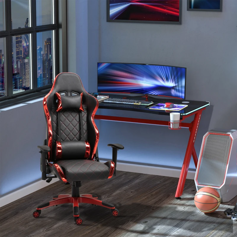 Vinsetto Holographic Stripe Gaming Chair Ergonomic Design PU Leather High Back 360° Swivel w/ 5 Wheels 2 Pillows Back Support Racing Chair Black&Red