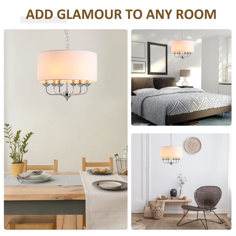 HOMCOM Modern Chandelier Candle Pendant Light Fabric Lampshades with Adjustable Hanging Chain for Living Room, Dining Room, Kitchen, White