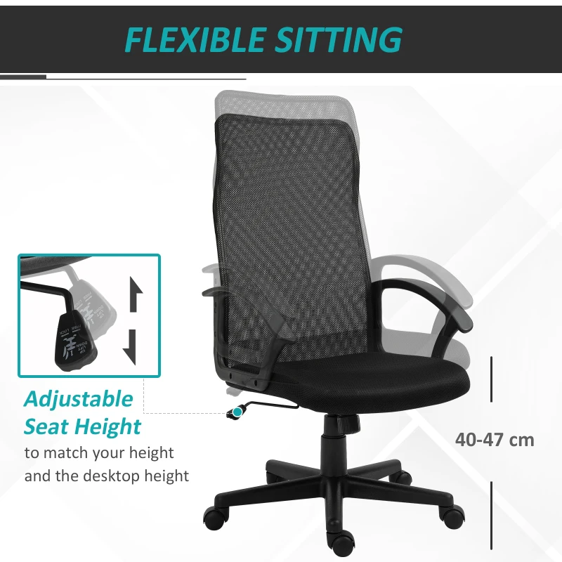 Vinsetto Executive High Mesh Back Office Chair w/ Fixed Armrests Adjustable Height Wheels Wide Padded Seat Home Work Comfort Support Black