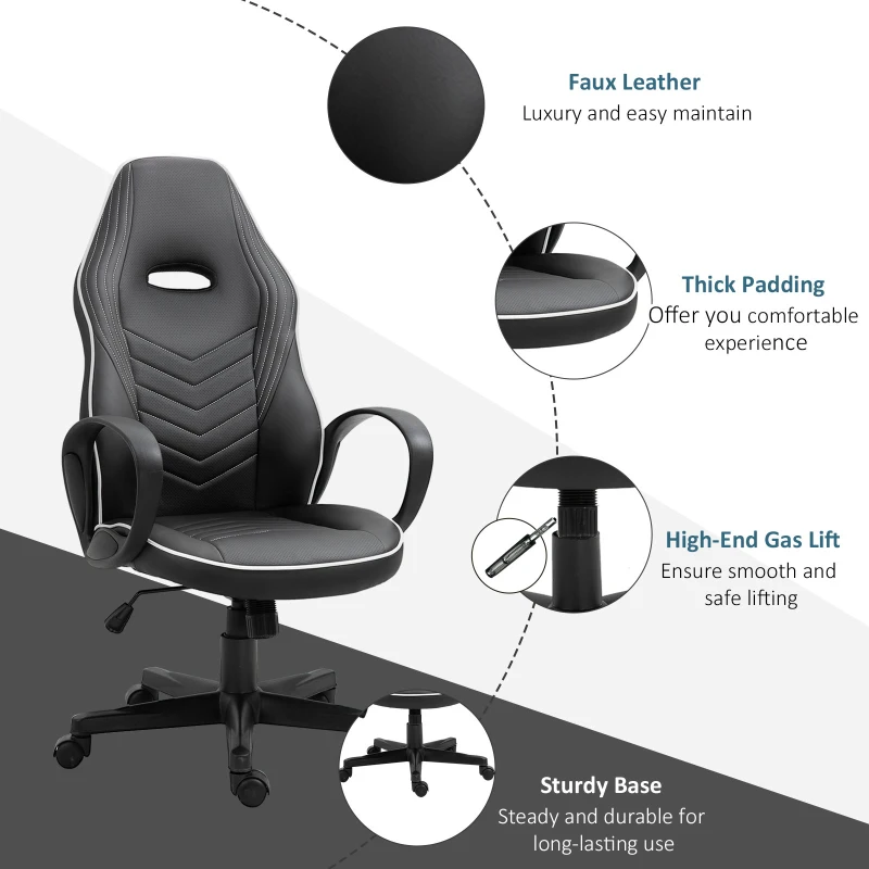 Vinsetto Home Office Faux Leather Executive Chair High Back Desk Gaming Gamer Swivel Chair Adjustable Height, Wheels, Arm, Black White