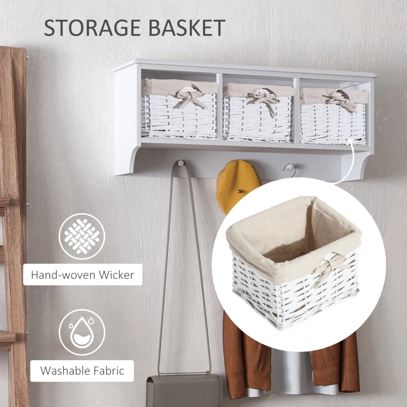 HOMCOM Entryway Coat Rack Wall Mounted Shelf w/Wicker Basket and Hooks (3 Baskets, White)