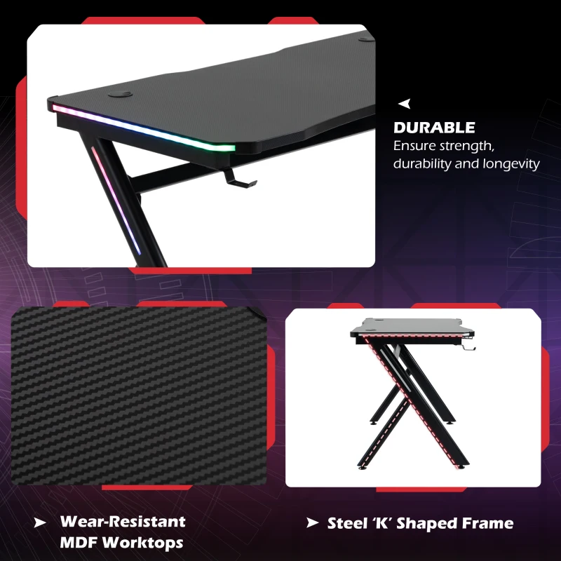 HOMCOM RGB Gaming Desk Computer Table Metal Frame with LED Light, Cup Holder, Headphone Hook, Cable Hole, Black