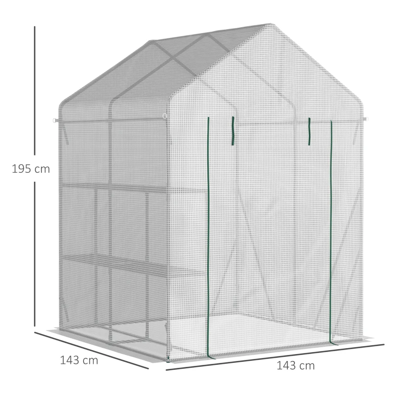 Outsunny Estufa de Jardim 143x143x195cm Estufa de Aço com 2 Prateleiras Porta e 2 Janelas Enroláveis para Cultivo de Plantas Vasos de Flores Pátio Exterior Branco