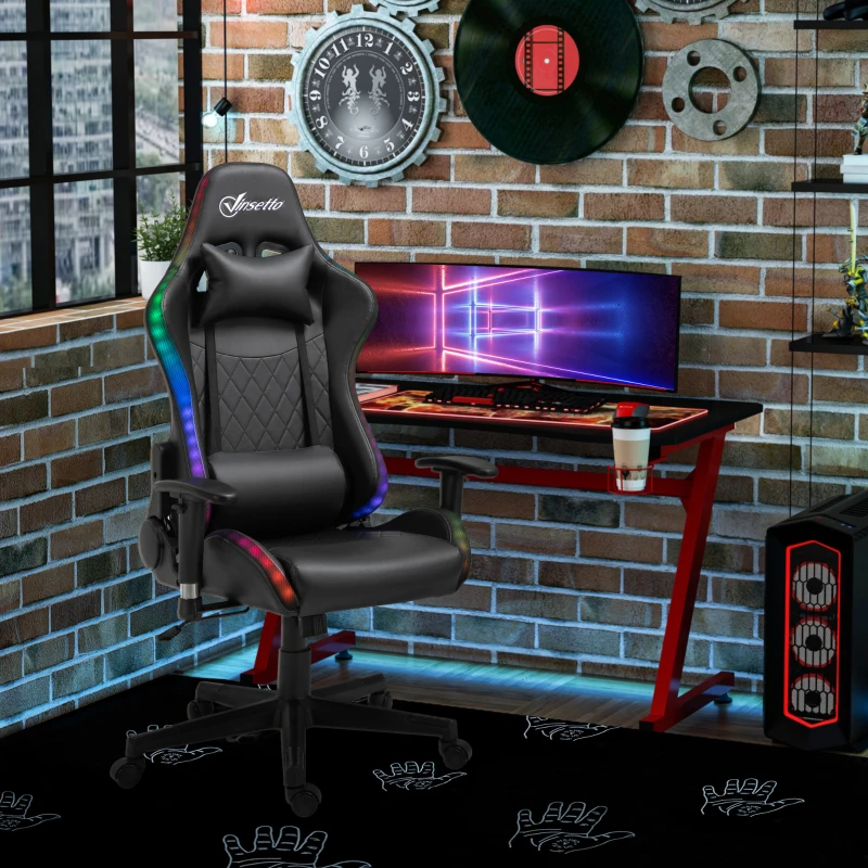 Vinsetto Gaming Chair with RGB LED Light, 2D Arm, Lumbar Support, Height Adjustable Swivel Office Computer Recliner, Racing Gamer Desk Chair for Home, Black