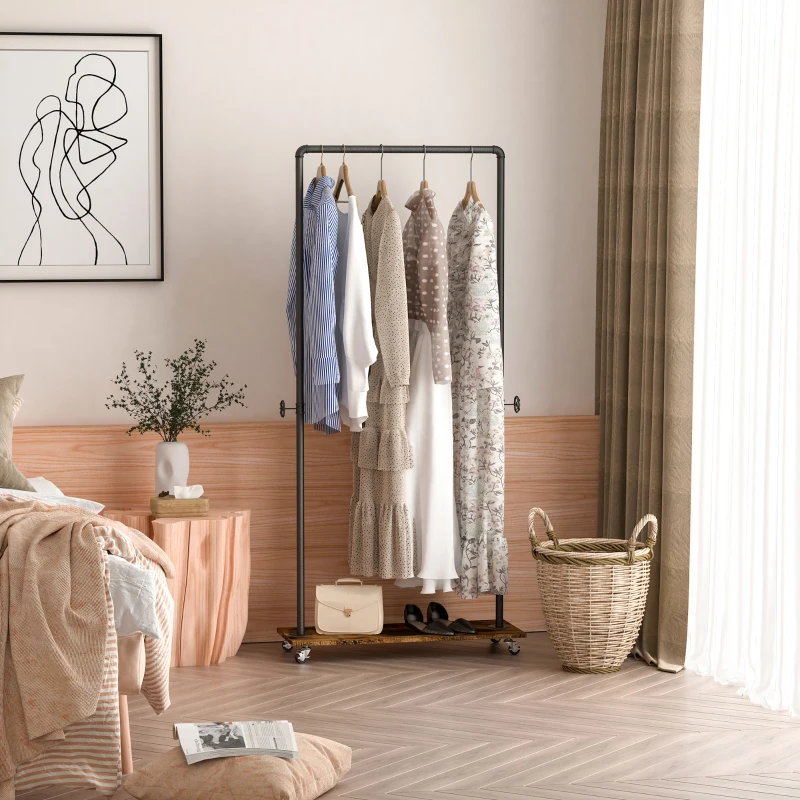 HOMCOM Industrial-Style Steel Clothes Rail w/ Hooks Shelf Wheels Compact Garment Storage Coat Dress Shirts Rustic Brown & Black