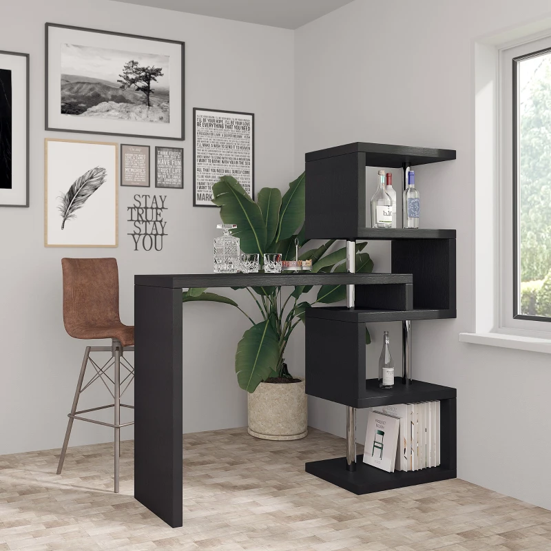 HOMCOM Modern Bar Counter Beverage Table Storage Display Wooden Shelf Shelving Room Divider (Black)