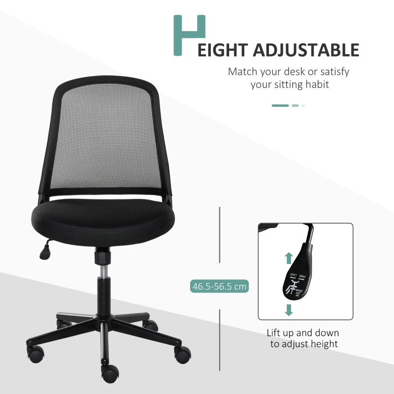 Vinsetto Swivel Mid Back Office Chair Mesh Fabric Computer Home Study Bedroom Conference Armless Leisure Chair with Wheels, Black