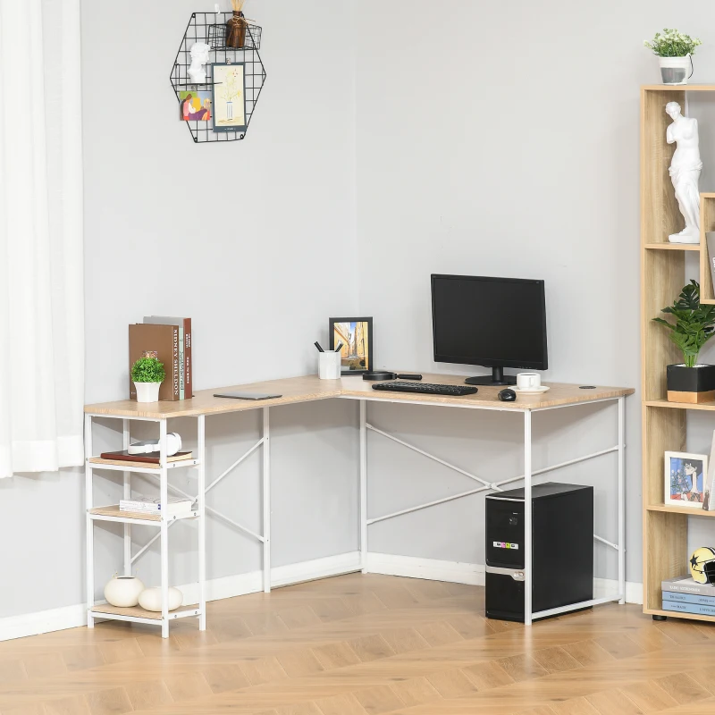 HOMCOM L-Shaped Desk Corner Computer Desk with Storage Shelf, Cord Holes, Natural Wood Color