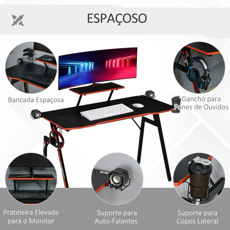HOMCOM Mesa Gaming Ergonómica Secretária para Computador com Suporte para Monitor e Alto Falante Porta-Copos Gancho para Fones de Ouvido Fibra de Carbono 120x60x94,5 Preto