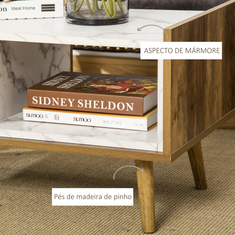 HOMCOM Mesa de Centro para Sala de Estar com Gaveta e Prateleira Aberta Mesa de Centro Estilo Industrial com Bancada com Efeito de Mármore e Pés de Madeira Elevados 80x45x40,5cm Marrom Rústico e Branco