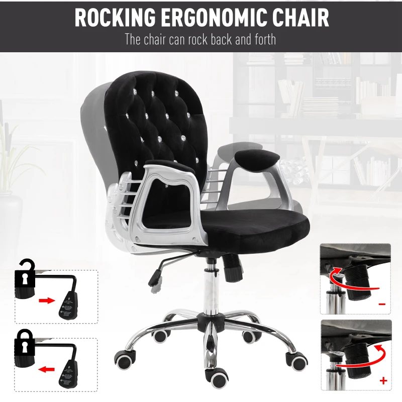 Vinsetto Office Chair Ergonomic 360° Swivel Diamante Tufted Home Work Velour Padded Base 5 Castor Wheels Black