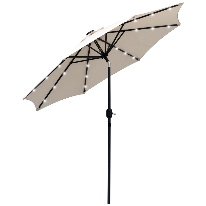 Outsunny Sombrilla Parasol de Jardín Ø270x240 cm con 24 Luces LED Solar Mecanismo de Inclinación Manivela y Poste Desmontable de Metal para Terraza Piscina Patio Crema