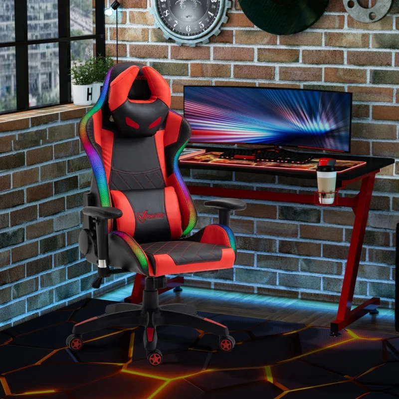 Vinsetto Racing Gaming Chair with RGB LED Light, Lumbar Support, Adjustable Height, Swivel Home Office Computer Recliner High Back Gamer Desk Chair, Black Red
