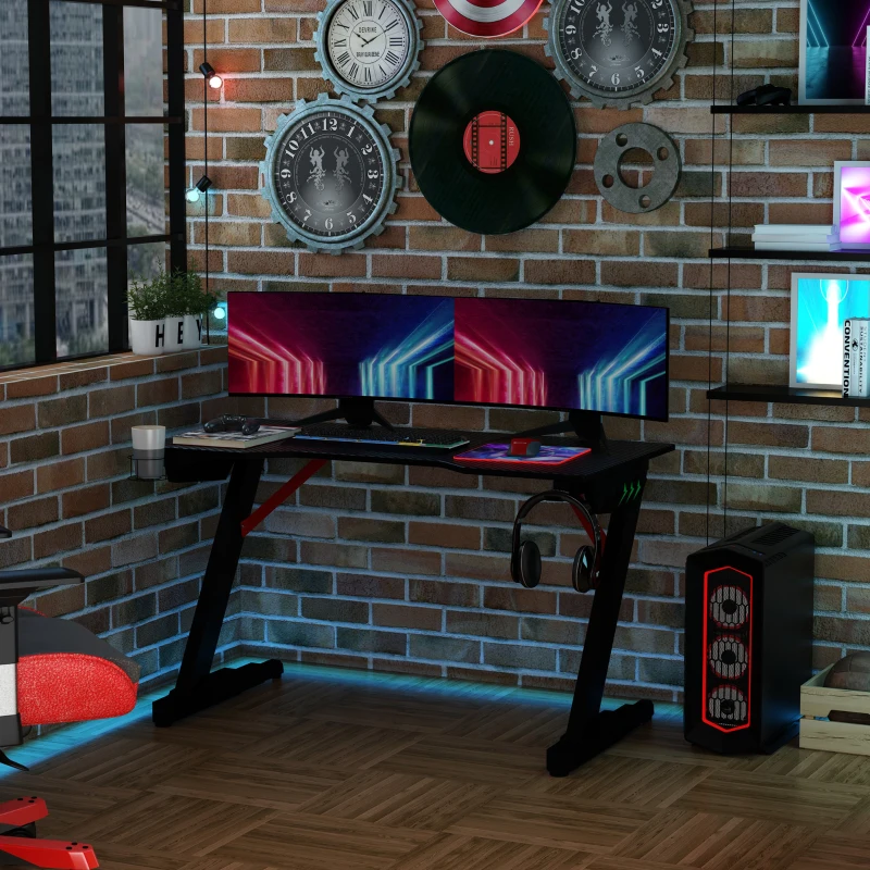 HOMCOM Racing Style Gaming Desk with LED Lights, Z-Shaped Computer Table Workstation with Cup Holder, Headphone Hook and Cable Management Holes for Study, Home Office, Black