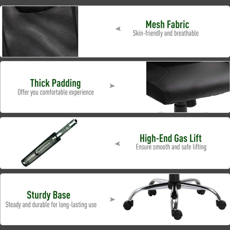 Vinsetto Office Chair, Computer Desk Chair, Mesh and PU Leather Swivel Chair with Adjustable Height and Rolling Wheels for Home Office Work Study, Black