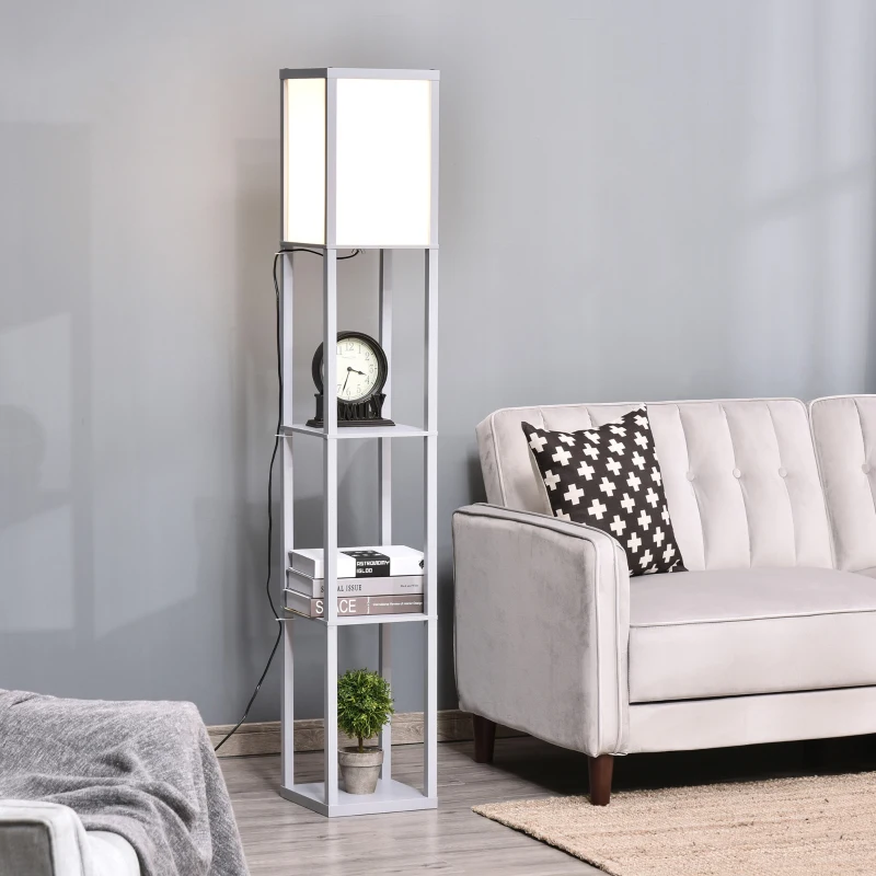 HOMCOM 3-Tier Floor Lamp, Floor Light with Storage Shelf, Reading Standing Lamp for Living Room, Bedroom, Kitchen, Dining Room, Office, Dorm, 160cm, Grey