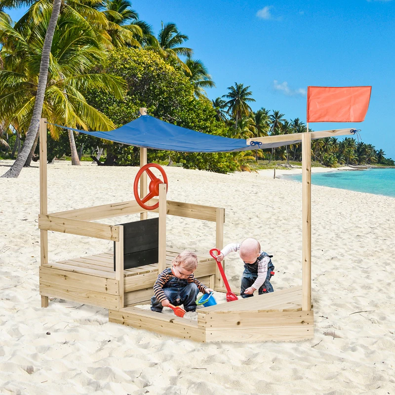 Outsunny Caixa de Areia Infantil de Madeira Desenho de Barco a Vela Toldo Quadro Negro bandeira Vermelha e Volante Caixa de Areia de Jardim para Crianças acima de 3 Anos 180x91,5x144cm Natural