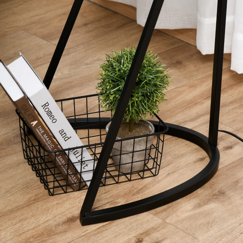 HOMCOM 165cm Unique Floor Lamp & Middle Wood Shelf Industrial Style Steel Frame Curved Base Home Office Lighting Storage Brown&Black